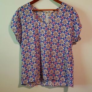 Vintage BoHo Floral Mosaic Tile Lightweight Blue Pink Spring Summer Top L/XL